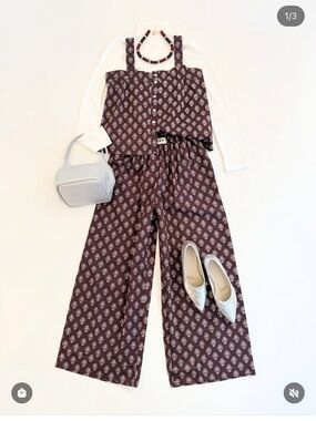 Fox & Hen Printed Wide-Leg Pant Set in Chocolate Brown